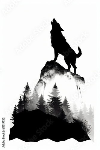 A wolf silhouette howling over a hill with a white background. AI generative