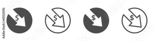 Dollar decrease vector icons. cost reduction icons set