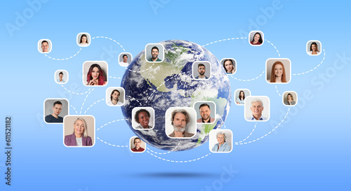 Scheme with avatars linked together as network and globe on light blue background
