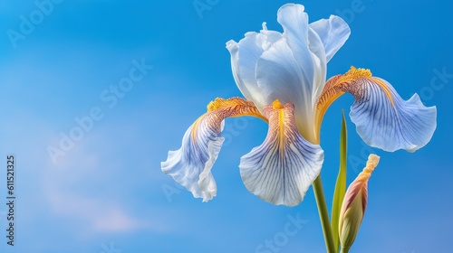 Iris flower with bud in botanical garden (Iris x hybrida) against the sky background. Generative AI.