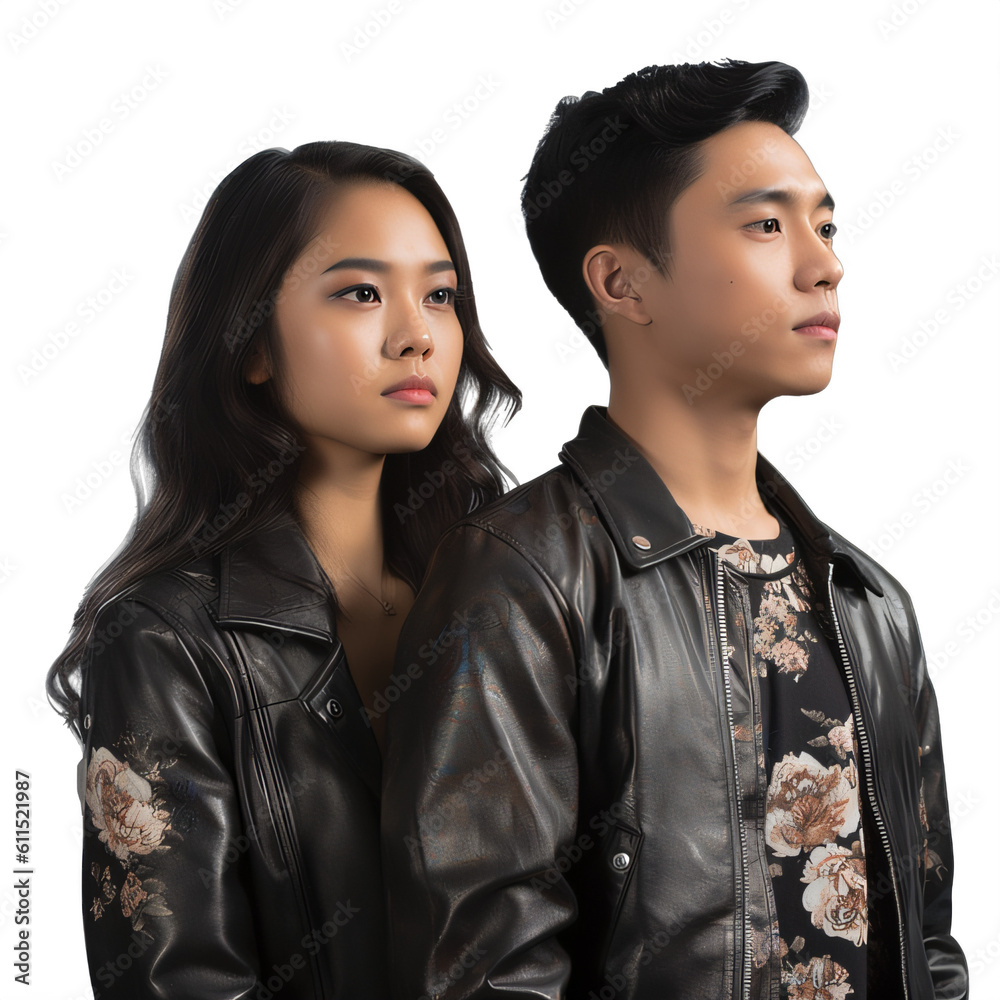 A young couple wearing black leather jackets looking to the side on a transparent background png isolated
Generative Ai A young couple wearing black leather jackets looking to the side on a transparent background png isolated
Generative Ai