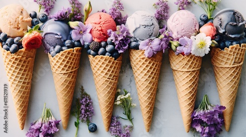 Ice Cream located inside lot of Decorations like Flowers and other Fruits like Berries, Colorful, Commercial Photography, Photo Idea. Generative AI.