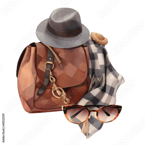 A travler kit including a backpack with a hat, sunglasses and a scarf on a transparent background png isolated Generative Ai photo