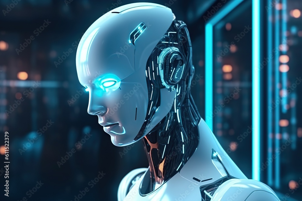 AI artificial intelligence 3D research of developing robots and cyborgs for the future of people living. Digital Mining and Technology Design