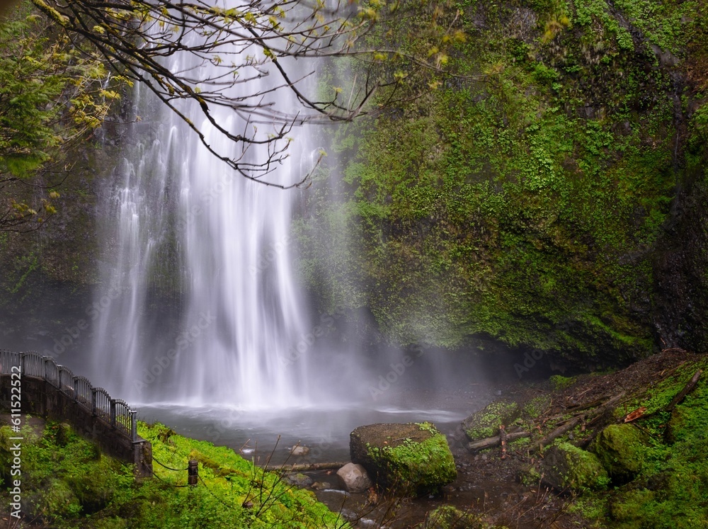 Fototapeta premium Beautiful waterfalls in lush green rainforest. Multnomah Falls in Columbia River gorge. Oregon. USA