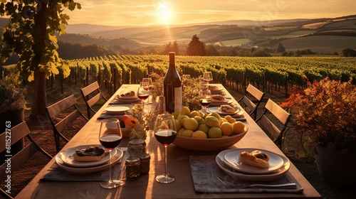 Classic Dinner Table in Campaign, Farmland with Sunset as a Background