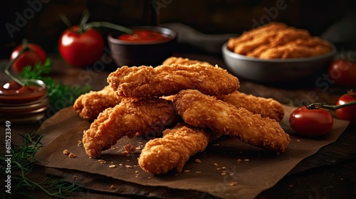 perfect view close up crispy chicken tenders with vegetable ornament