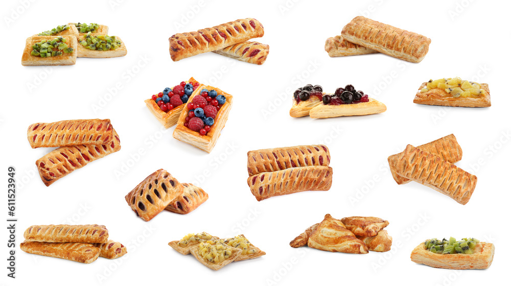 Collage with tasty puff pastries on white background Collage with tasty puff pastries on white background