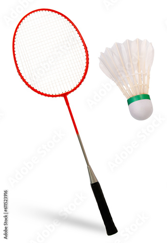 Badminton Racket and Badminton ball on white background, White Badminton ball on White Background.