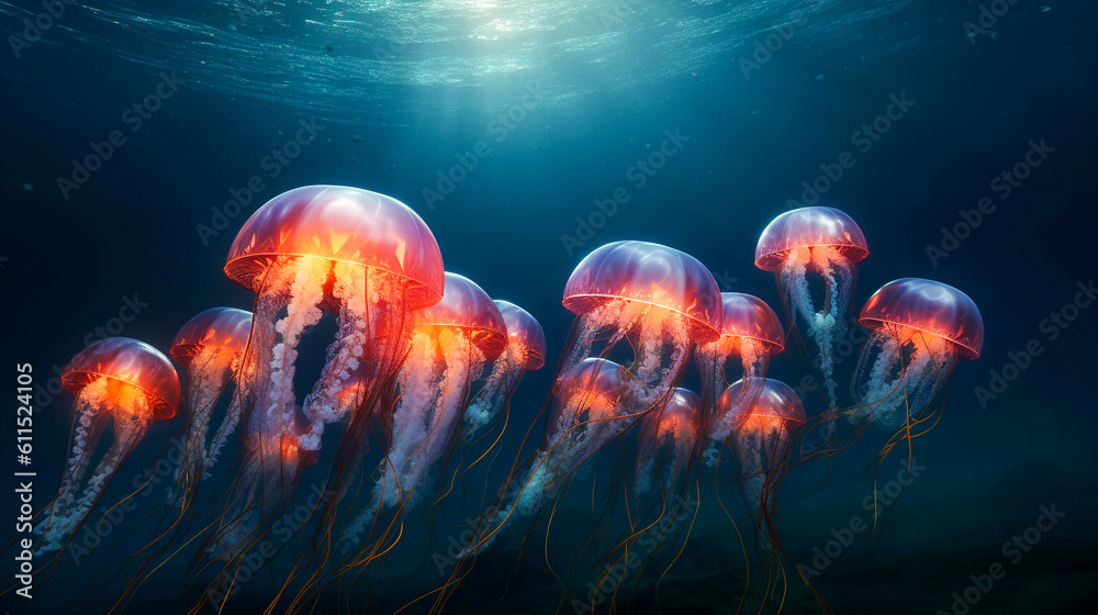 Fototapeta premium Glowing jellyfish floating in ocean water. Ethereal and peaceful sea life underwater