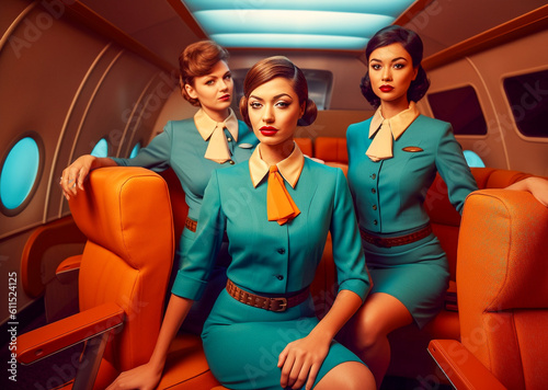 Fotografering Flight crew with attendants wearing matching uniform in the first class cabin of a luxury airplane