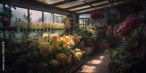 Beautiful flower shop garden flowers and plants greenhouse Generative AI