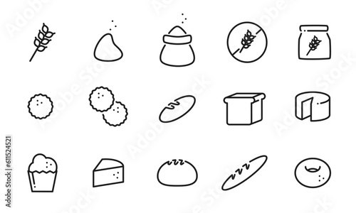 小麦、小麦粉製品を表したアイコンのセット/グルテン/パン/クッキー/バゲット/ケーキ/ドーナツ/イラスト/ベクター