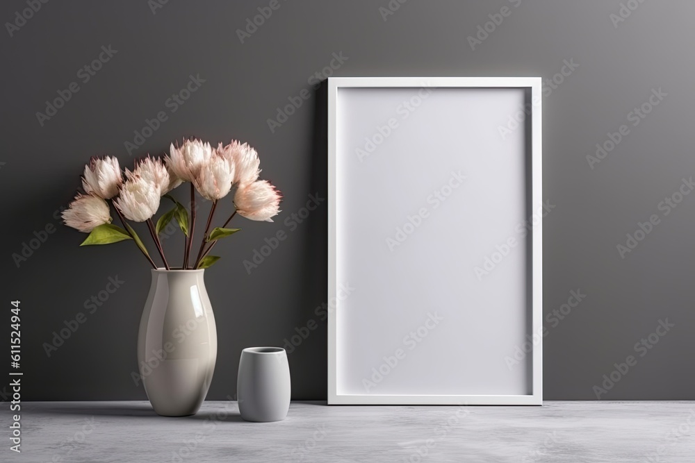 blank white area in a picture frame. mock-up of a poster design on a gray wall. View of a contemporary interior. Concept of minimalism and home staging Generative AI blank white area in a picture frame. mock-up of a poster design on a gray wall. View of a contemporary interior. Concept of minimalism and home staging Generative AI