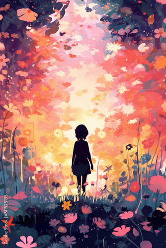 The silhouette of a girl walking into a garden of flowers. AI generative