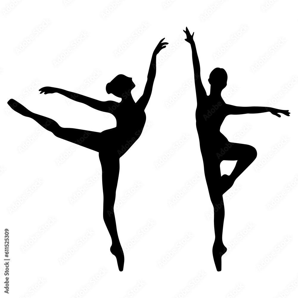 Vector illustration. Silhouette of a woman ballerina on stage. Ballet. Two girls.