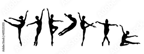 Vector illustration. Silhouette of a woman ballerina on stage. Ballet. Big set of girls.