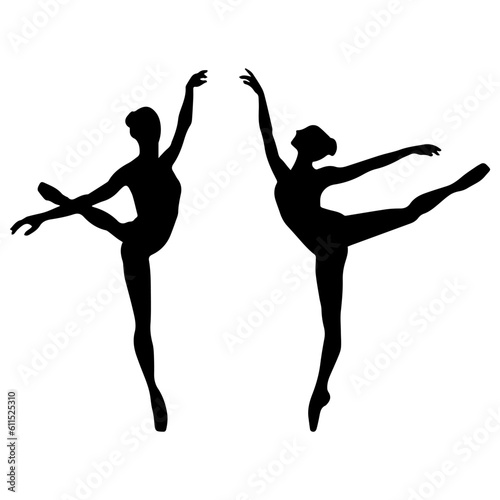Vector illustration. Silhouette of a woman ballerina on stage. Ballet. Two girls.