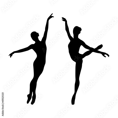Vector illustration. Silhouette of a woman ballerina on stage. Ballet. Two girls.