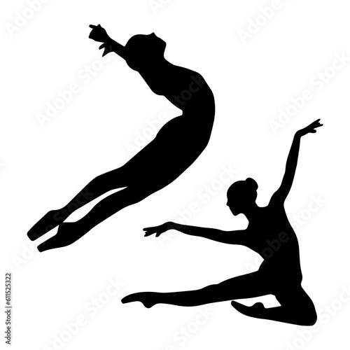 Vector illustration. Silhouette of a woman ballerina on stage. Ballet. Two girls.