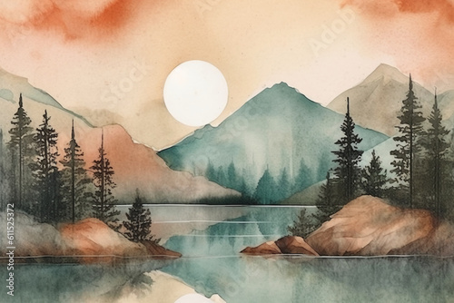 Watercolor boho style mountain landscape, minimalistic, vintage with muted colors. AI generative