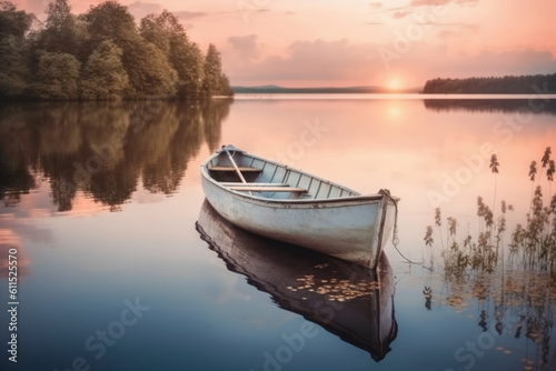 White Row Boat on Body of Water, sunset in the back, rose gold sky. AI generative