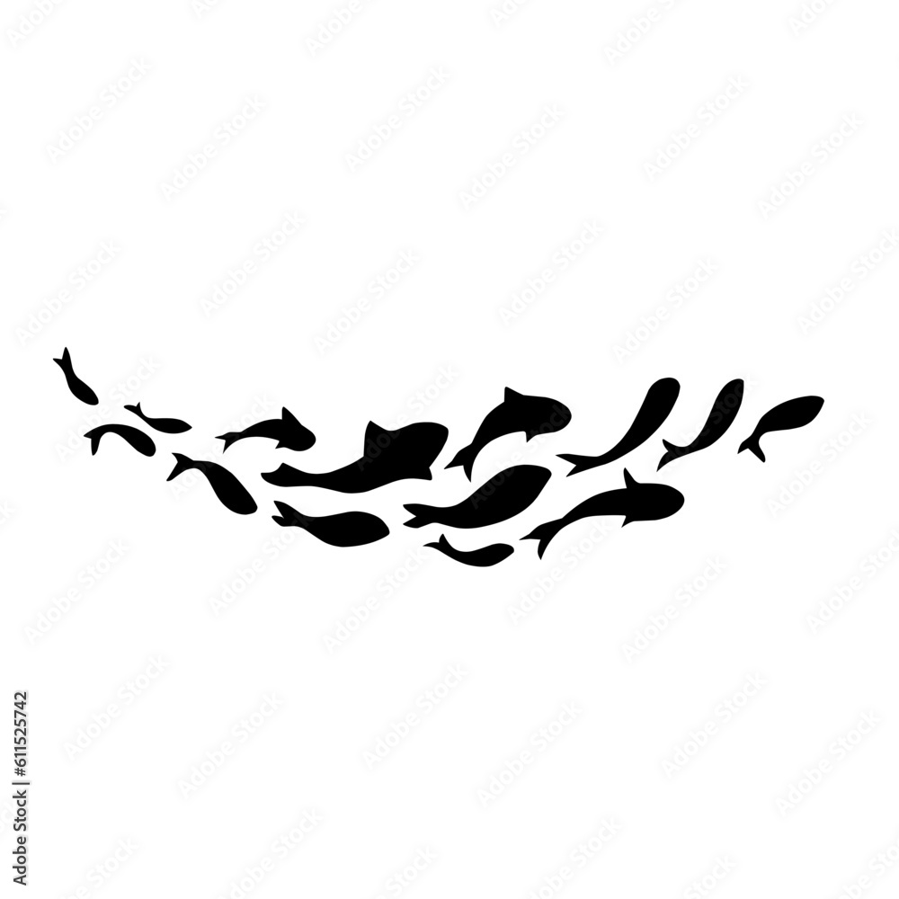 school of black silhouette fish. Silhouette vector illustration.