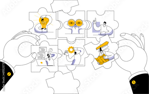Big hands assemble puzzles with characters. Different employees go about their business in the puzzle pieces. Vector illustration on the theme of creating a properly interacting business structure.