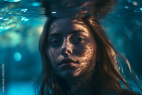 A surreal portrait woman submerged in the water with sunlight on her face Generative Ai