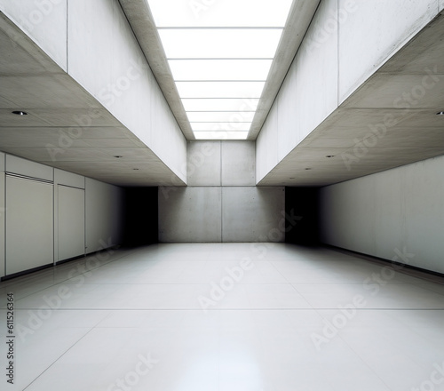 An empty concrete brutalism room with a skylight above it Generative Ai