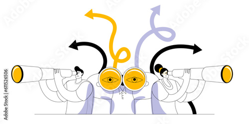Making business decisions  career advancement  or choosing the right concept of the road to success. Three characters look through binoculars look for the right path.