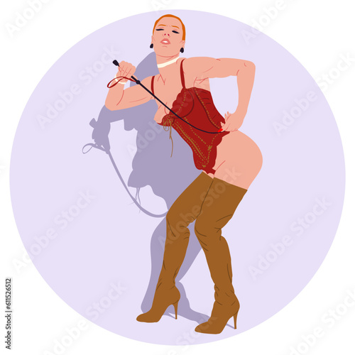 Sexy mistress with whip in red boots.