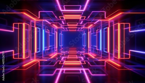 3d render, abstract neon geometric background. Generative ai