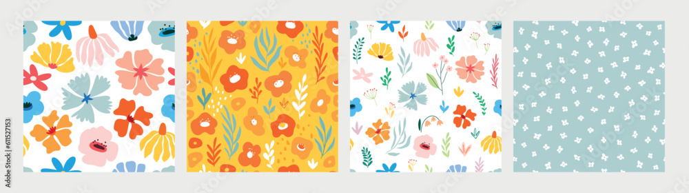 Set of seamless flourish patterns with flowers, plants and other elements. Cute hand drawn background.