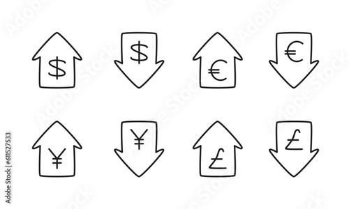 値上げと値下げを表す矢印と通貨記号のイラストセット/ドル/ユーロ/円/ポンド/アイコン/ベクター