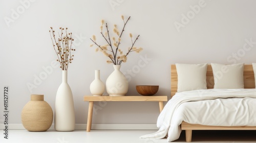 White interior design, a wood table top or shelf with modern minimalist vases over a muted classic minimalist bedroom Generative AI