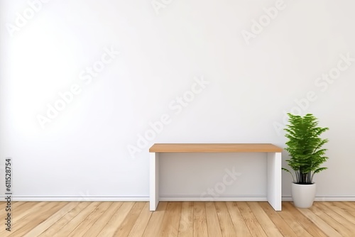 Detailed shot of a mock-up desktop computer on a wooden desk against a white wall  complete with decorations and sticky notes. Generative AI