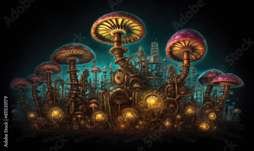 Steam punk mushroom in the forest