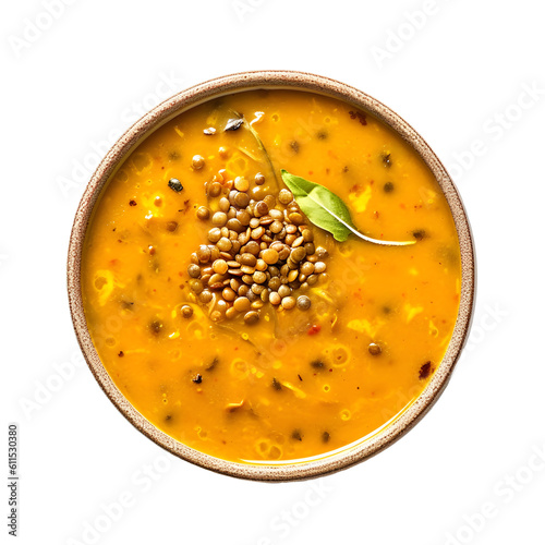 A bowl of lentil soup on a white background