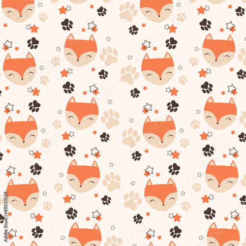 Seamless pattern with cute foxes and stars. Vector illustration 