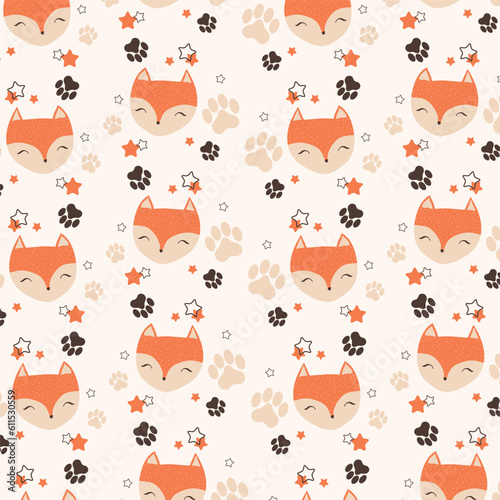 Seamless pattern with cute foxes and stars. Vector illustration
