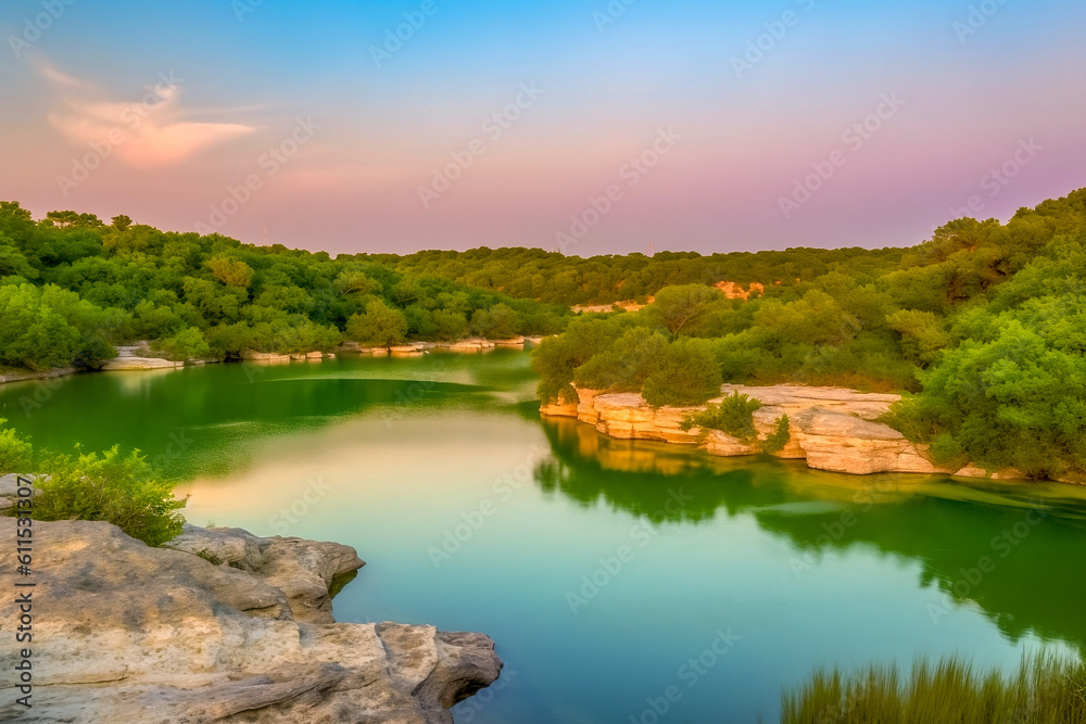 uma bela paisagem natural durante o pôr do sol, um lago tranquilo com águas cristalinas que refletem as cores do céu