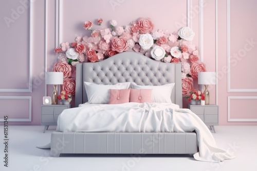 Interior design for a contemporary bedroom. Stylish bedroom in white and pink with flowers. pink and grey bedding on a king-size bed. Generative AI