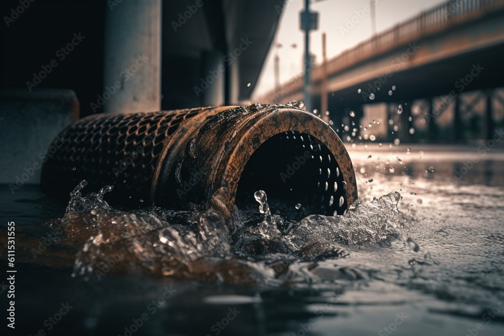 Blurry view of rainwater rushing in metal drain pipe during Illinois