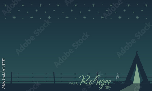 World Refugee Day background with copy space area and refugee tent at the border