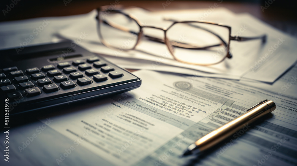 Obraz premium eyeglasses ,calculator and financial bills with a fountain pen on the table.financial background. Generative AI