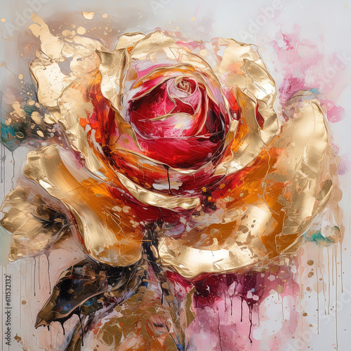 Abstract floral oil painting. Gold and red rose on white background. Generative AI