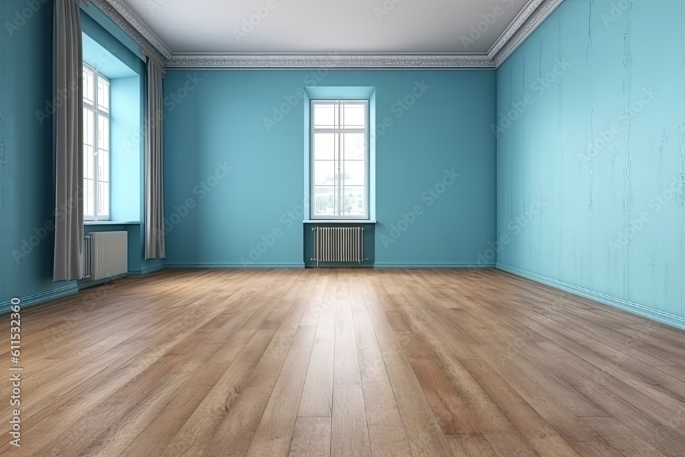 Obraz premium Blue blank wall and parquet flooring. mockup design. Vacant room or studio. Generative AI