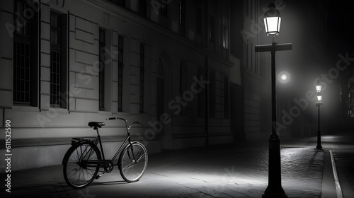 Bicycle on the street. Black and white. Generative AI.
