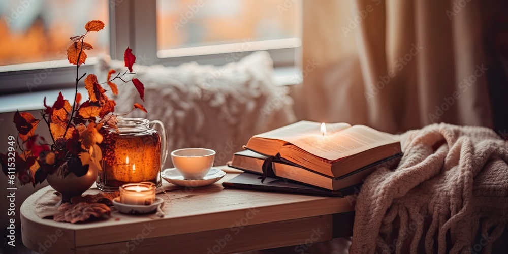 hello autumn Warm, cozy image. Mockup design of a candle. Warm plaid, a white chair, books, and autumnal foliage decorate this cozy room. Design of a burning candle mockup Generative AI